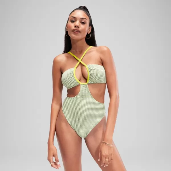 Best FLU3NTE Gingham Cut Out Swimsuit Green Women FLU3NTE | Leisure