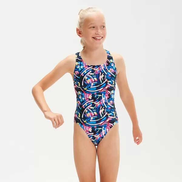 Shop Girls' Allover Leaderback Swimsuit Black/Blue Kids Outlet