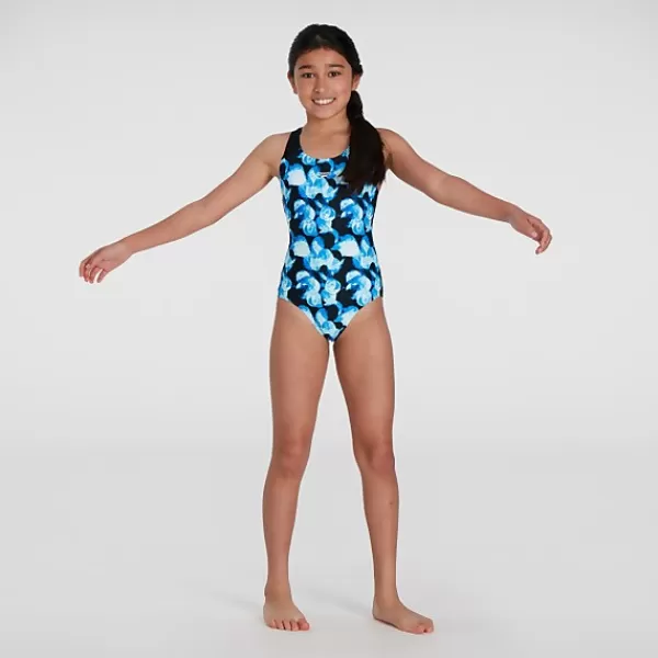 Sale Girls' Allover Splashback Swimsuit Black/Blue Kids Outlet