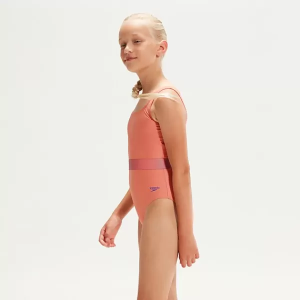 Best Sale Girls' Contrast Belt Swimsuit Coral/Lilac Kids Outlet