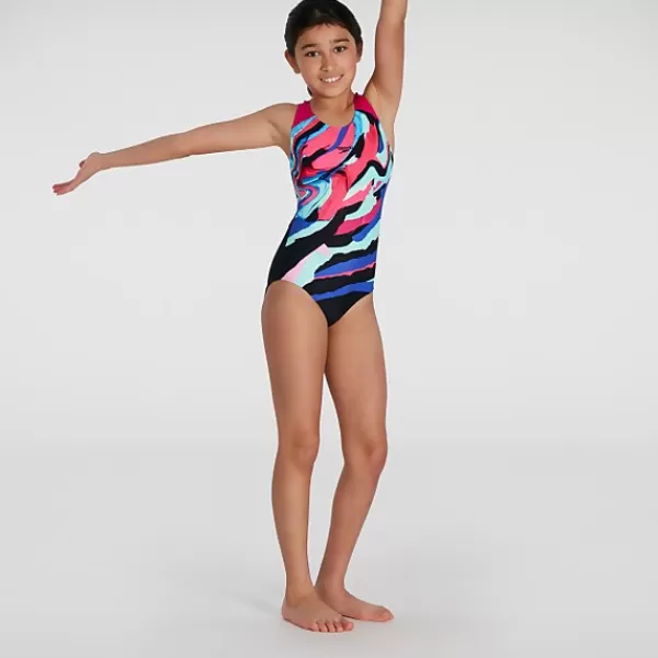 Shop Girls' Digital Placement Splashback Swimsuit Black/Pink Kids Outlet