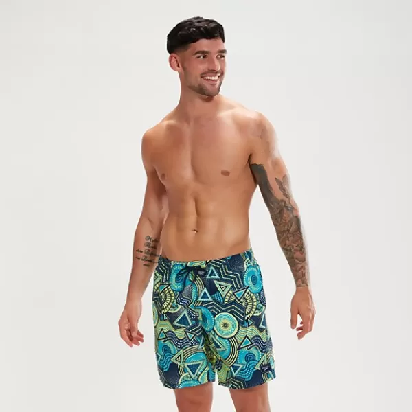 Discount Men's Digital Printed Leisure 18" Swim Shorts Navy/Aqua Outlet