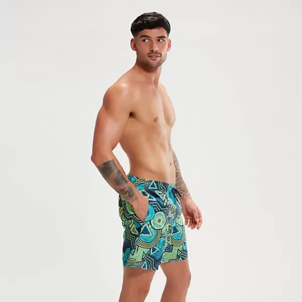 Discount Men's Digital Printed Leisure 18" Swim Shorts Navy/Aqua Outlet