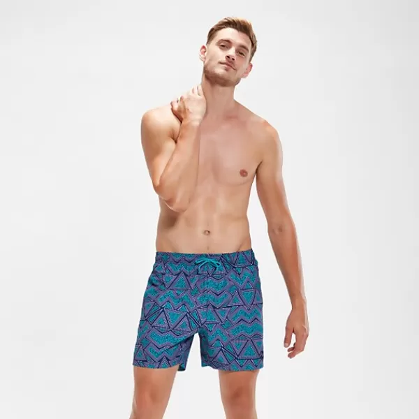 Outlet Men's Printed Leisure 16" Swim Shorts Aqua/Lilac Outlet