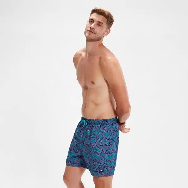 Outlet Men's Printed Leisure 16" Swim Shorts Aqua/Lilac Outlet