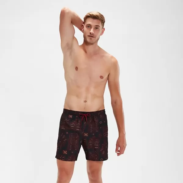 Discount Men's Printed Leisure 16" Swim Shorts Black/Oxblood Outlet