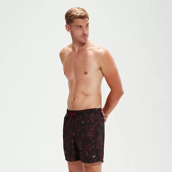 Discount Men's Printed Leisure 16" Swim Shorts Black/Oxblood Outlet