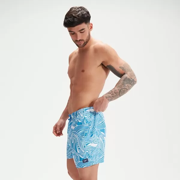 Outlet Men's Printed Leisure 16" Swim Shorts Blue/White Outlet