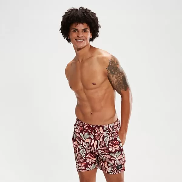 New Men's Printed Leisure 16" Swim Shorts Oxblood/Orange Outlet