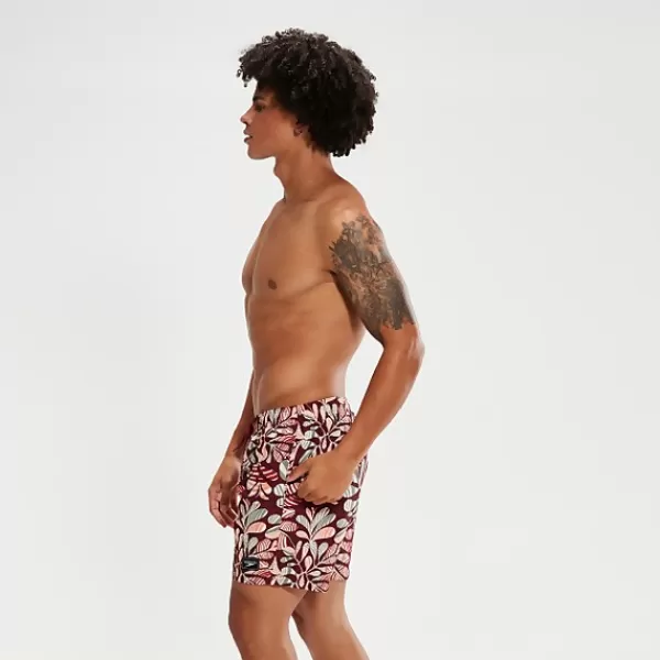 New Men's Printed Leisure 16" Swim Shorts Oxblood/Orange Outlet