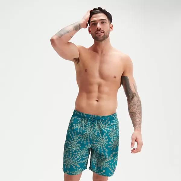 Discount Men's Printed Leisure 18" Swim Shorts Green/Blue Outlet