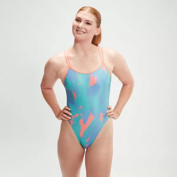 Sale Women's Allover Digital Starback Swimsuit Blue/Coral Women Training | Outlet