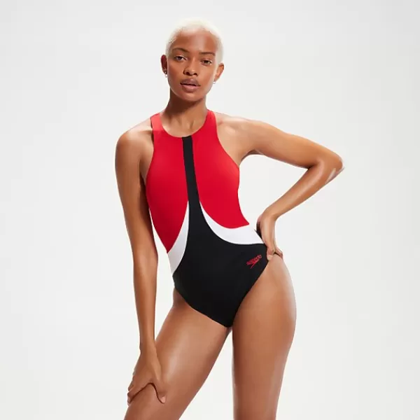 Best Sale Women's Colourblock Highneck Crossback Swimsuit Black/Red Women Fitness | Outlet