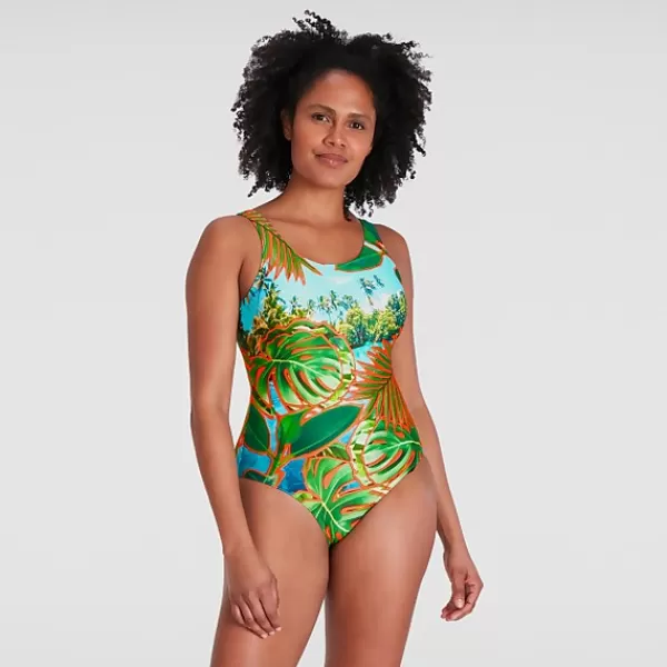 Best Women's Digital Placement U-Back Swimsuit Green/Blue Women Sustainable Swimwear | Sustainable Swimwear