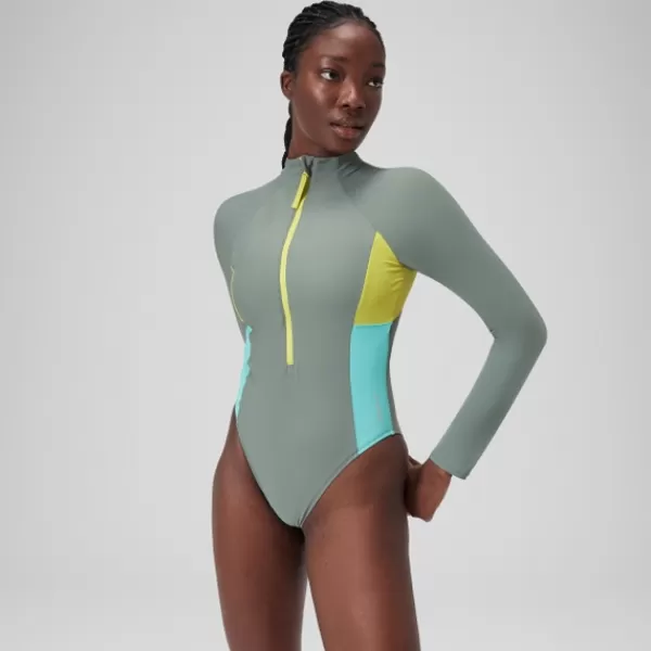 Best Women's Long Sleeve Zip Colourblock Swimsuit Green Women Long Sleeve Swimsuits | Hydraline