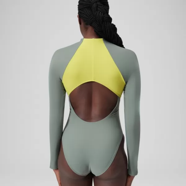 Best Women's Long Sleeve Zip Colourblock Swimsuit Green Women Long Sleeve Swimsuits | Hydraline