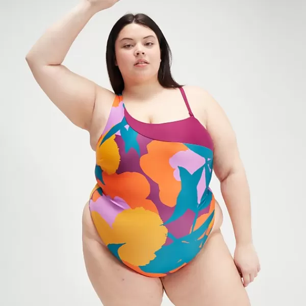 Fashion Women's Plus Size Printed Asymmetric Swimsuit Teal/Mango Women Extended Sizing | Outlet