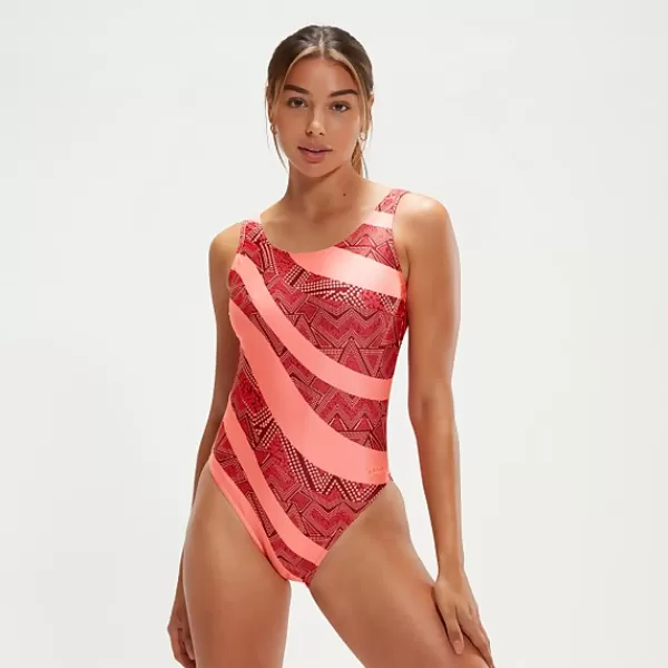 New Women's Printed Deep U-Back Swimsuit Oxblood/Coral Women Swimming costumes