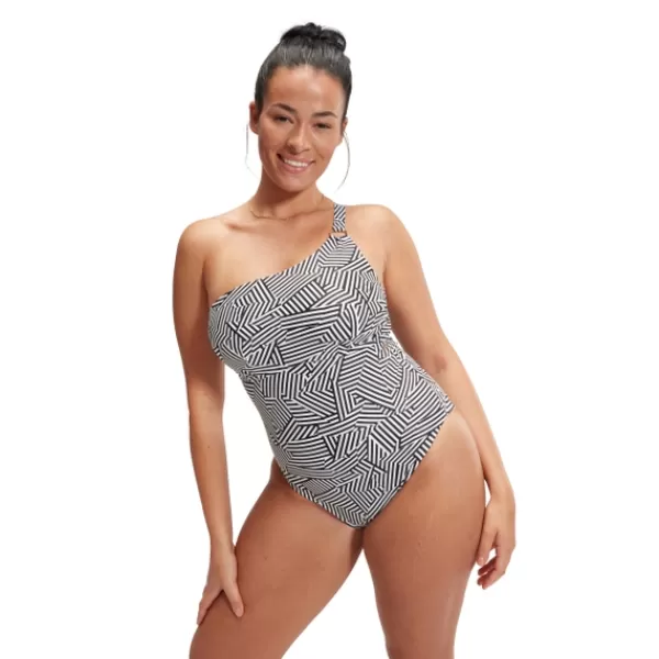 New Women's Shaping Printed Asymmetric Swimsuit Black/White Women Support Swimwear | Swimming costumes