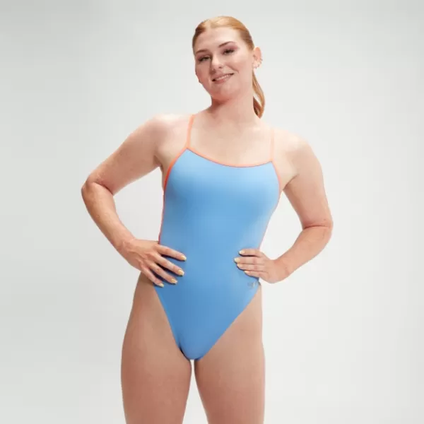 Clearance Women's Solid Vback Swimsuit Blue/Coral Women Training | Outlet